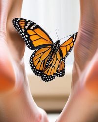 quiero una foto de unas plantas de pies y una mariposa monarca abriendo sus alas sobre ellos (1)